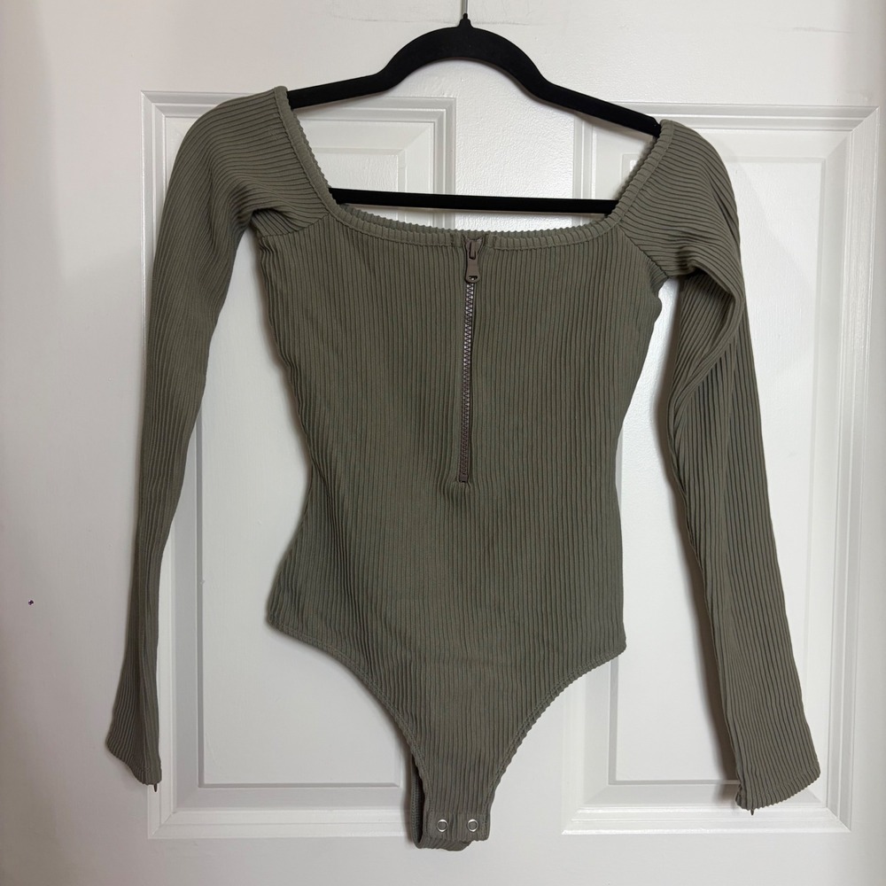 Good American Ribbed Long Sleeve Zip Front Bodysuit Brindle Size 0